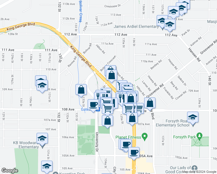 map of restaurants, bars, coffee shops, grocery stores, and more near in Surrey