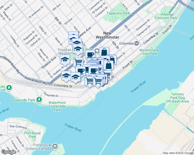 map of restaurants, bars, coffee shops, grocery stores, and more near 34 Eighth Street in New Westminster