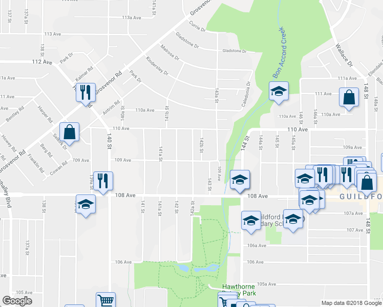 map of restaurants, bars, coffee shops, grocery stores, and more near 10921 142A Street in Surrey