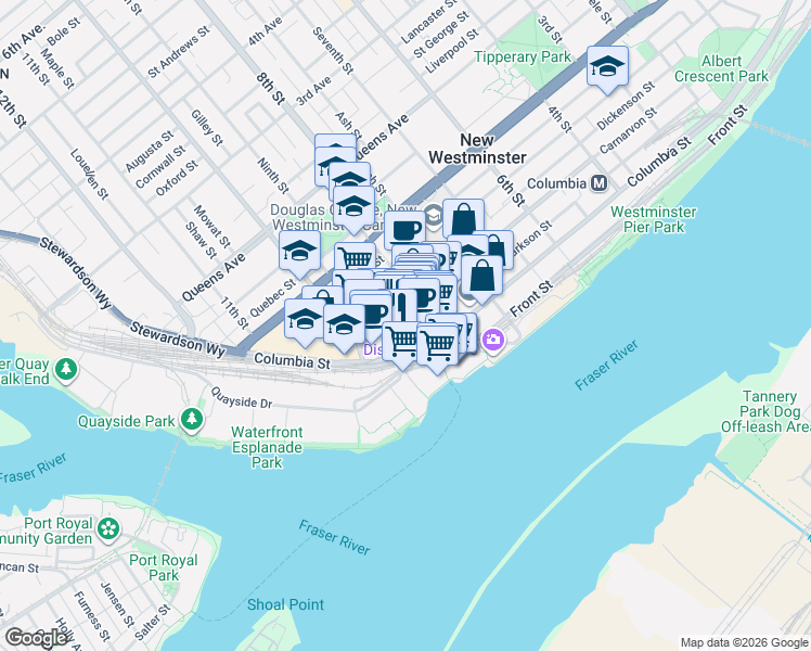 map of restaurants, bars, coffee shops, grocery stores, and more near 892 Carnarvon Street in New Westminster