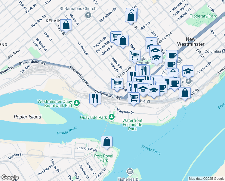 map of restaurants, bars, coffee shops, grocery stores, and more near 105 12th Street in New Westminster