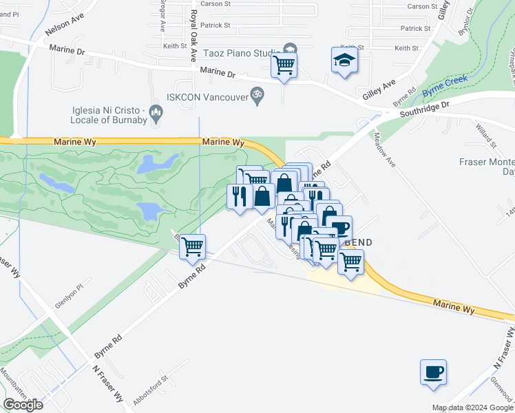 map of restaurants, bars, coffee shops, grocery stores, and more near 5589 Byrne Road in Burnaby
