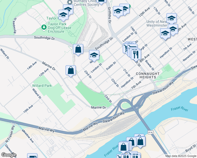 map of restaurants, bars, coffee shops, grocery stores, and more near 2226 Dublin Street in New Westminster