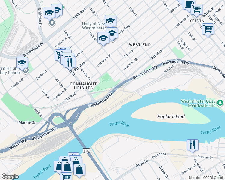 map of restaurants, bars, coffee shops, grocery stores, and more near 2100 6th Avenue in New Westminster