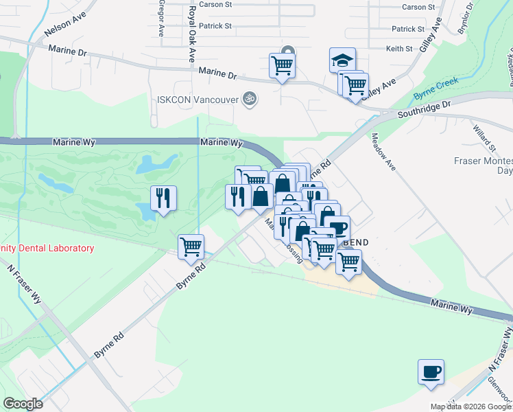 map of restaurants, bars, coffee shops, grocery stores, and more near 5589 Byrne Road in Burnaby