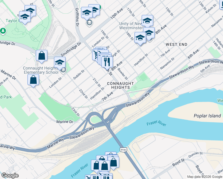 map of restaurants, bars, coffee shops, grocery stores, and more near 2011 7th Avenue in New Westminster