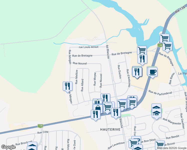 map of restaurants, bars, coffee shops, grocery stores, and more near 1491 Rue du Moyac in Baie-Comeau