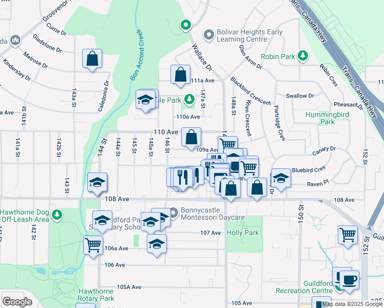 map of restaurants, bars, coffee shops, grocery stores, and more near 14678 109A Avenue in Surrey