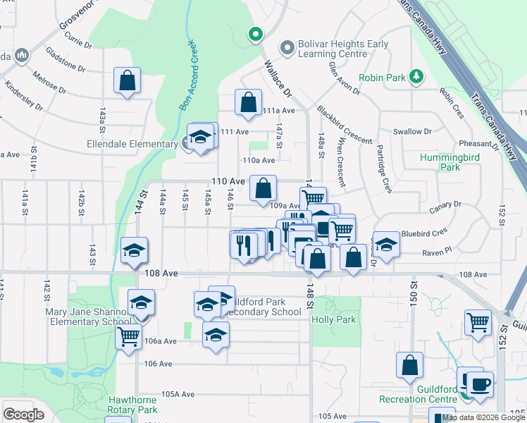 map of restaurants, bars, coffee shops, grocery stores, and more near 14678 109A Avenue in Surrey