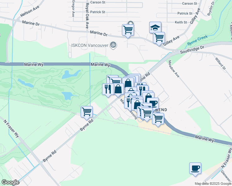 map of restaurants, bars, coffee shops, grocery stores, and more near 258-5489 Byrne Road in Burnaby
