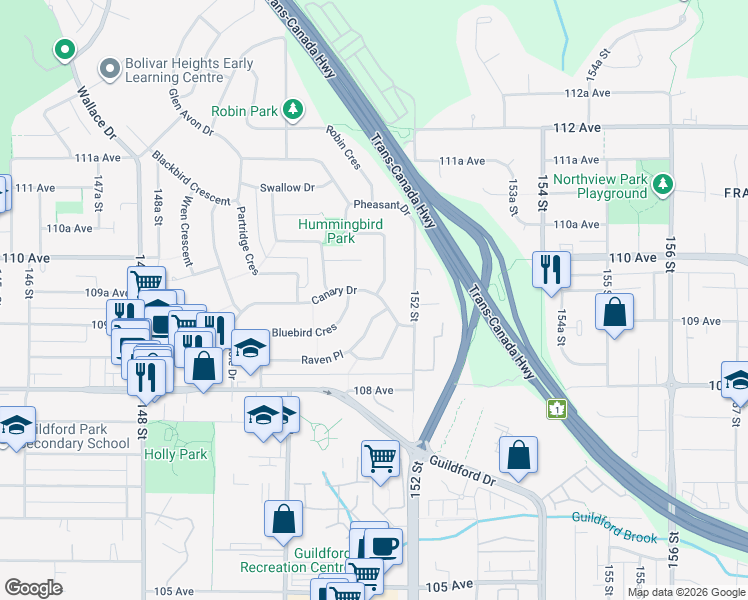 map of restaurants, bars, coffee shops, grocery stores, and more near 15144 Canary Drive in Surrey