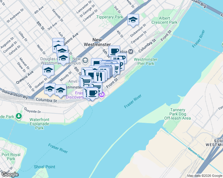 map of restaurants, bars, coffee shops, grocery stores, and more near 680 Quayside Drive in New Westminster