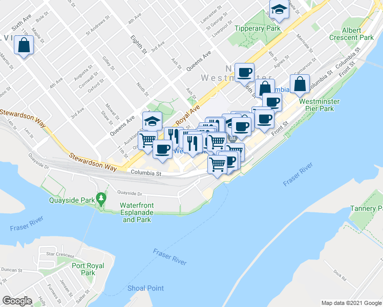 map of restaurants, bars, coffee shops, grocery stores, and more near in New Westminster
