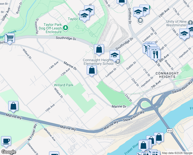 map of restaurants, bars, coffee shops, grocery stores, and more near 935 London Place in New Westminster