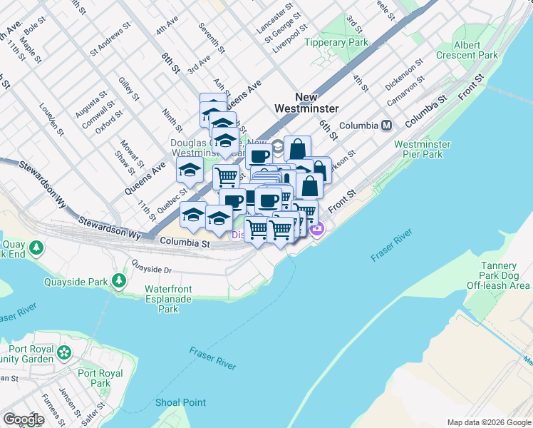 map of restaurants, bars, coffee shops, grocery stores, and more near 800 Carnarvon Street in New Westminster