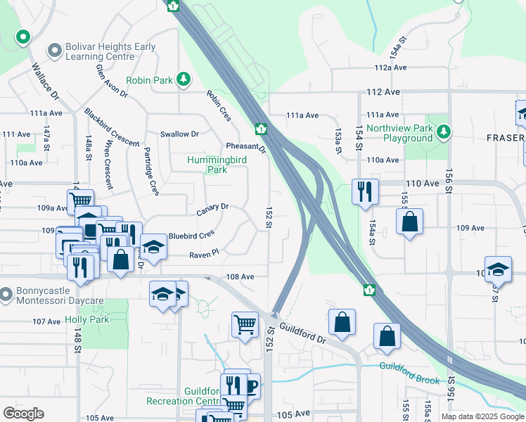 map of restaurants, bars, coffee shops, grocery stores, and more near 10941 152 Street in Surrey