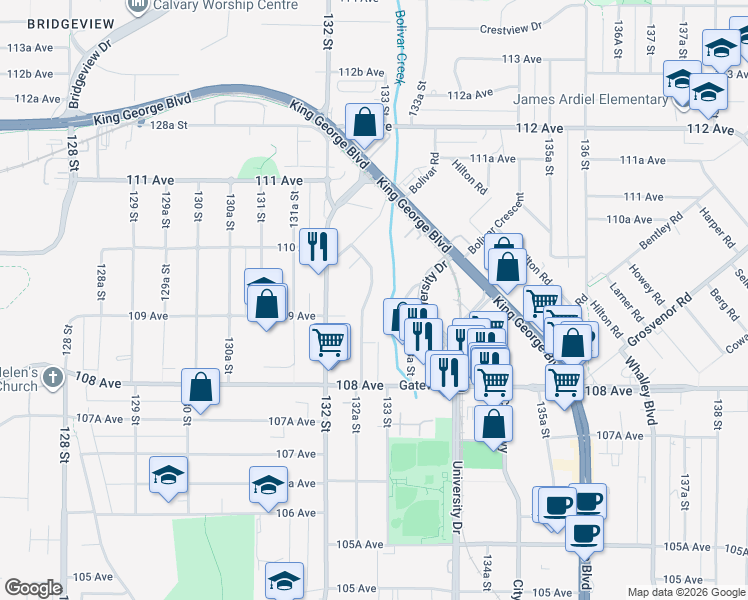 map of restaurants, bars, coffee shops, grocery stores, and more near 10928 132A Street in Surrey