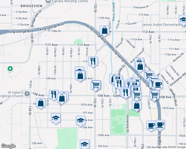 map of restaurants, bars, coffee shops, grocery stores, and more near 10923 132 Street in Surrey