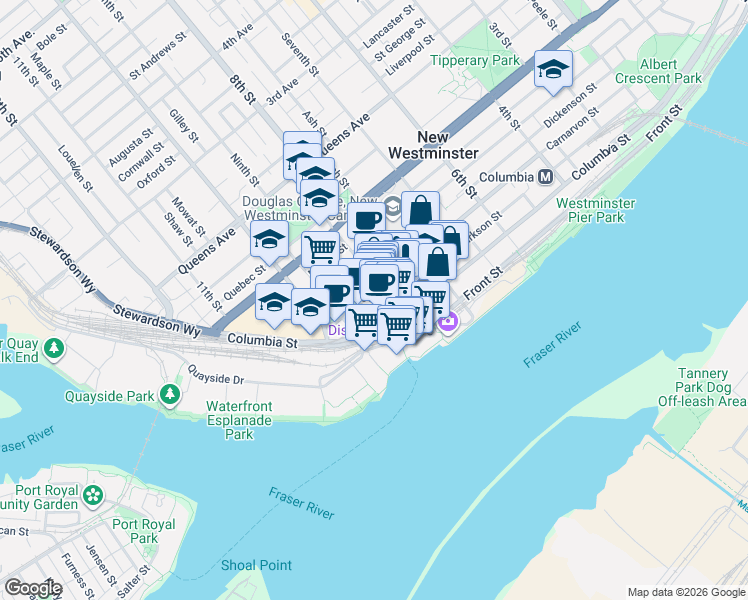 map of restaurants, bars, coffee shops, grocery stores, and more near 892 Carnarvon Street in New Westminster