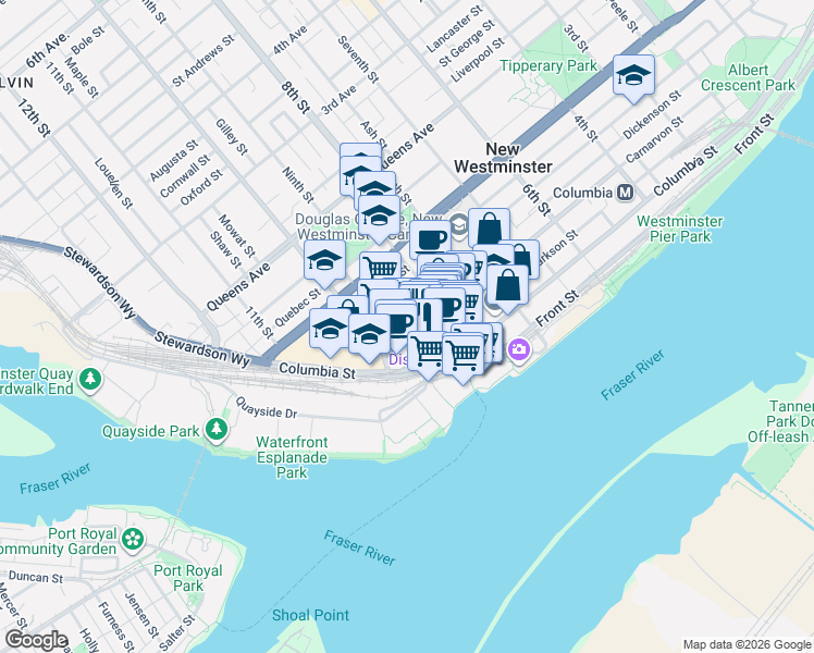 map of restaurants, bars, coffee shops, grocery stores, and more near in New Westminster
