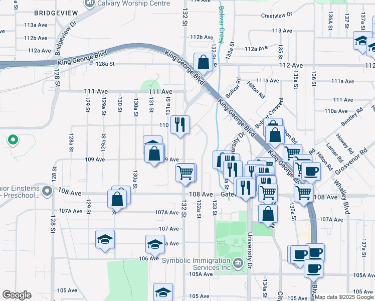 map of restaurants, bars, coffee shops, grocery stores, and more near 10928 132 Street in Surrey