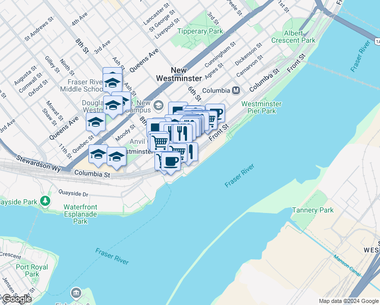 map of restaurants, bars, coffee shops, grocery stores, and more near in New Westminster