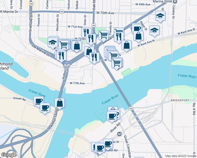 map of restaurants, bars, coffee shops, grocery stores, and more near 9050 Oak Street in Vancouver