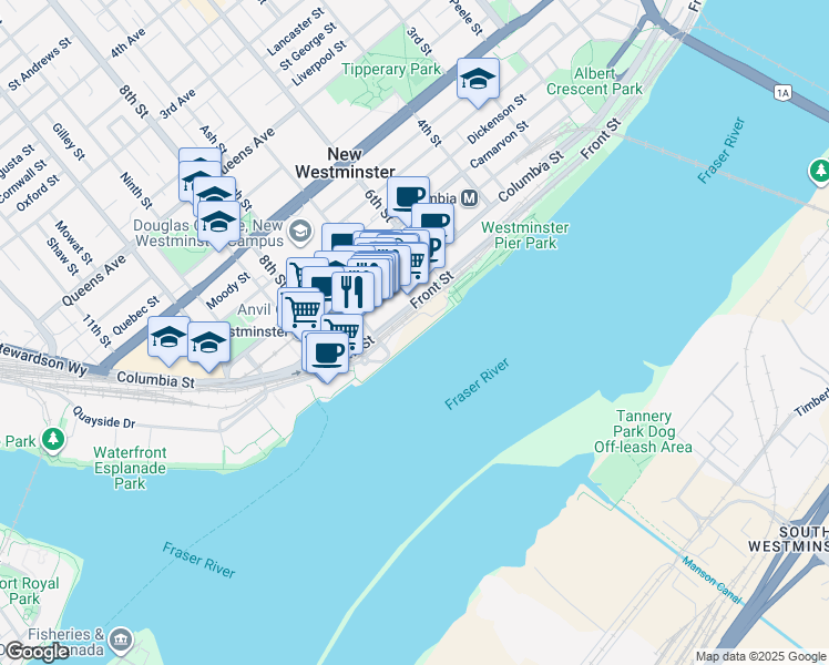 map of restaurants, bars, coffee shops, grocery stores, and more near 660 Quayside Drive in New Westminster