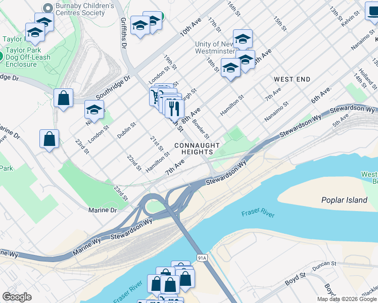 map of restaurants, bars, coffee shops, grocery stores, and more near 2003 7th Avenue in New Westminster