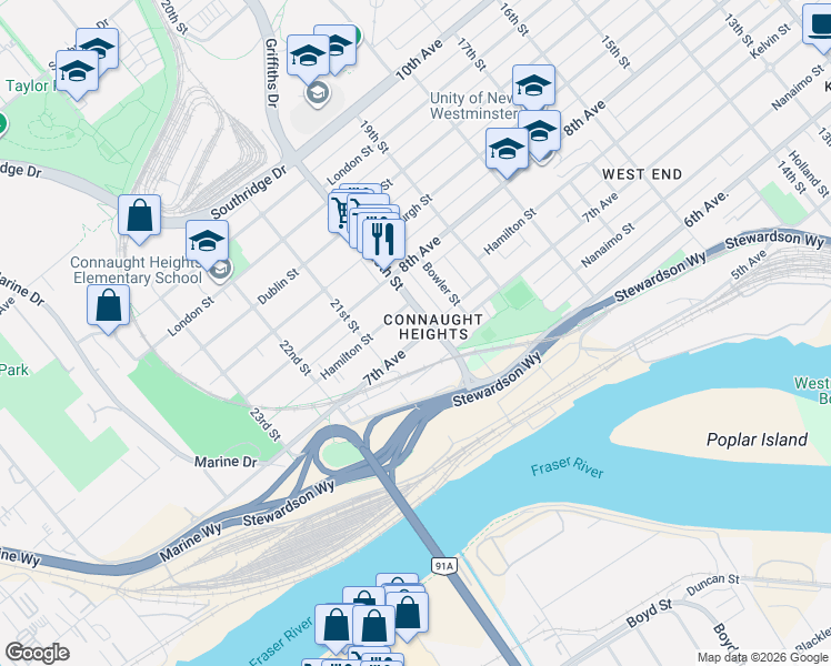 map of restaurants, bars, coffee shops, grocery stores, and more near 2003 7th Avenue in New Westminster