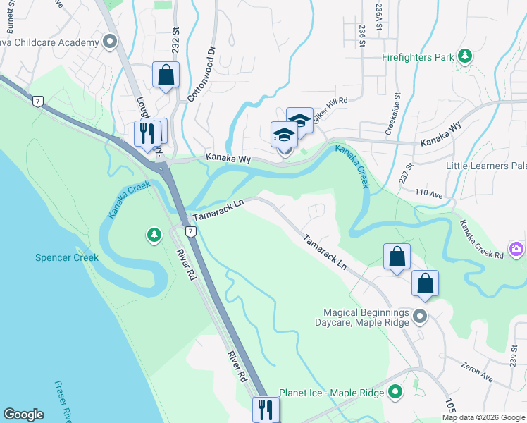 map of restaurants, bars, coffee shops, grocery stores, and more near 23385 Tamarack Lane in Maple Ridge