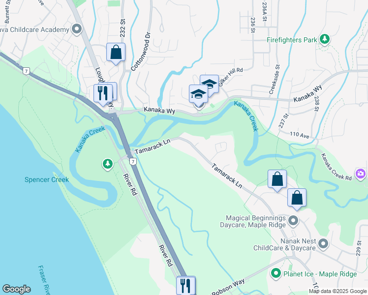 map of restaurants, bars, coffee shops, grocery stores, and more near 23385 Tamarack Lane in Maple Ridge