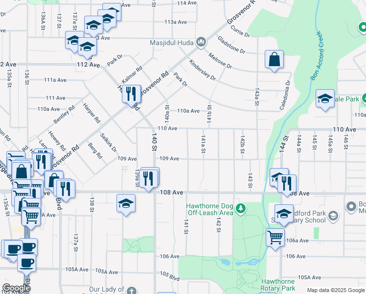 map of restaurants, bars, coffee shops, grocery stores, and more near 10939 141 Street in Surrey
