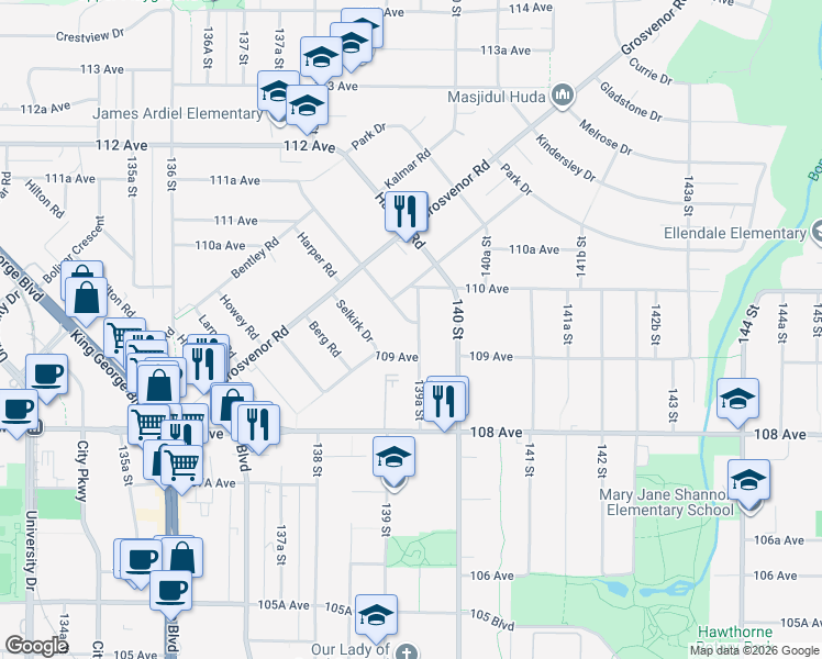 map of restaurants, bars, coffee shops, grocery stores, and more near 13960 Brentwood Crescent in Surrey
