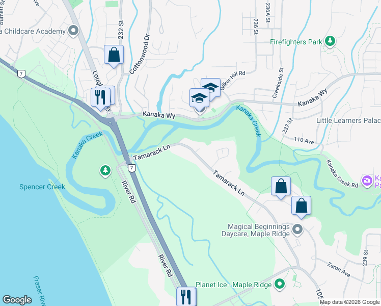map of restaurants, bars, coffee shops, grocery stores, and more near 23385 Tamarack Lane in Maple Ridge