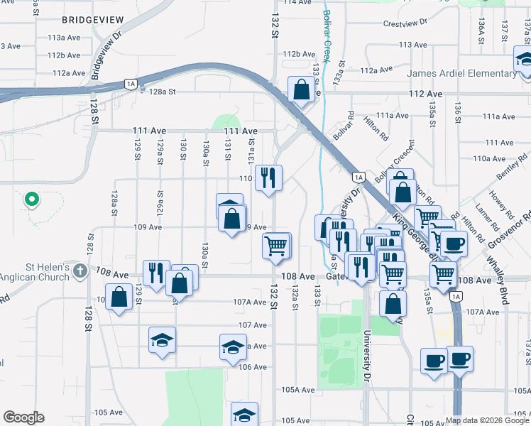 map of restaurants, bars, coffee shops, grocery stores, and more near 10930 131A Street in Surrey