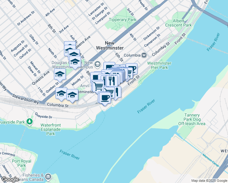 map of restaurants, bars, coffee shops, grocery stores, and more near 14 Begbie Street in New Westminster