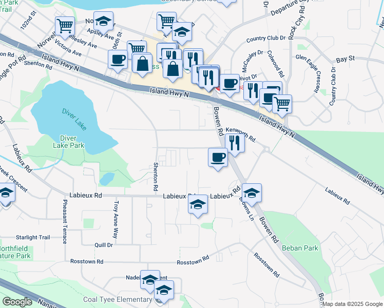map of restaurants, bars, coffee shops, grocery stores, and more near 2363 Cienar Drive in Nanaimo