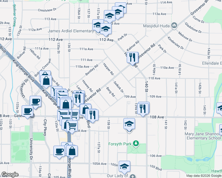 map of restaurants, bars, coffee shops, grocery stores, and more near 13817 Berg Road in Surrey