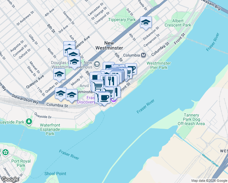 map of restaurants, bars, coffee shops, grocery stores, and more near 14 Begbie Street in New Westminster