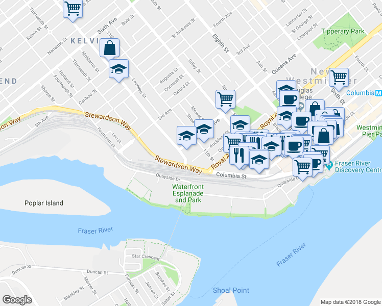 map of restaurants, bars, coffee shops, grocery stores, and more near 130 Auckland Street in New Westminster