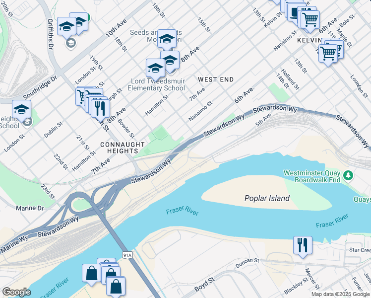 map of restaurants, bars, coffee shops, grocery stores, and more near 2096 Stewardson Way in New Westminster