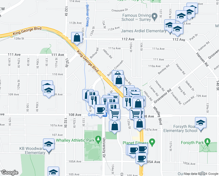 map of restaurants, bars, coffee shops, grocery stores, and more near 13555 Gateway Drive in Surrey