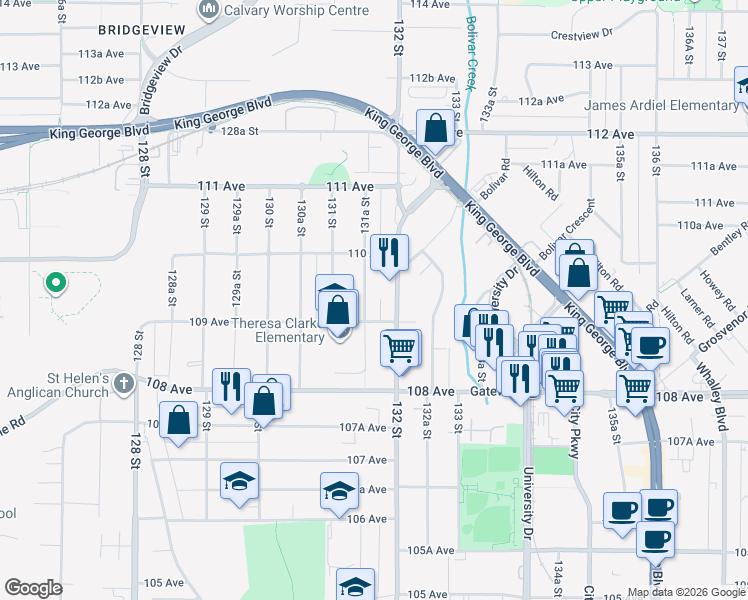 map of restaurants, bars, coffee shops, grocery stores, and more near 10930 131A Street in Surrey