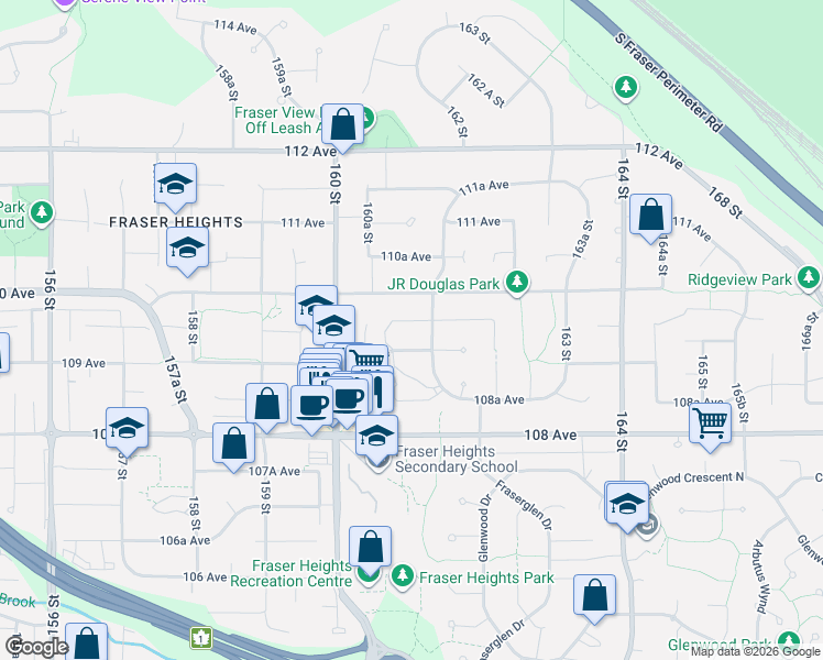 map of restaurants, bars, coffee shops, grocery stores, and more near 16132 109A Avenue in Surrey