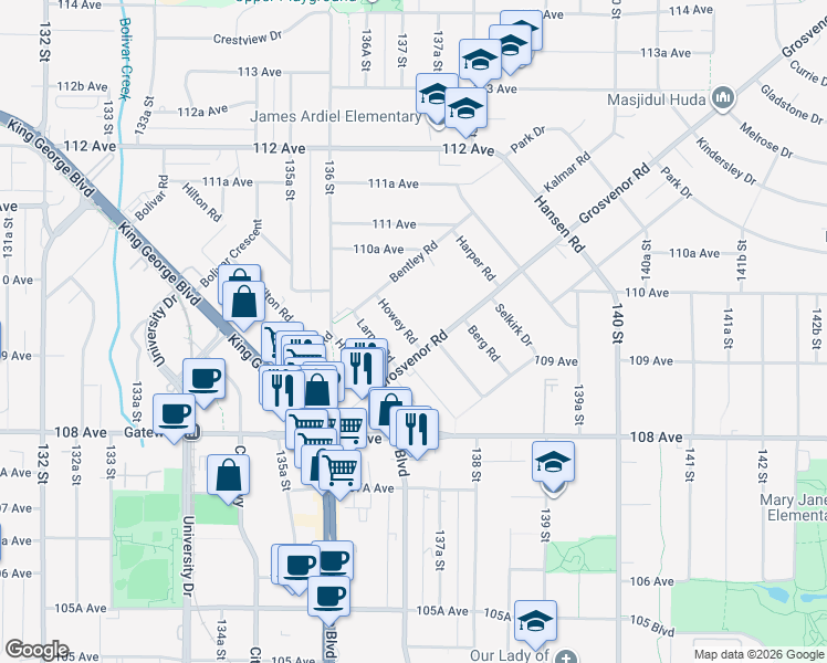map of restaurants, bars, coffee shops, grocery stores, and more near in Surrey