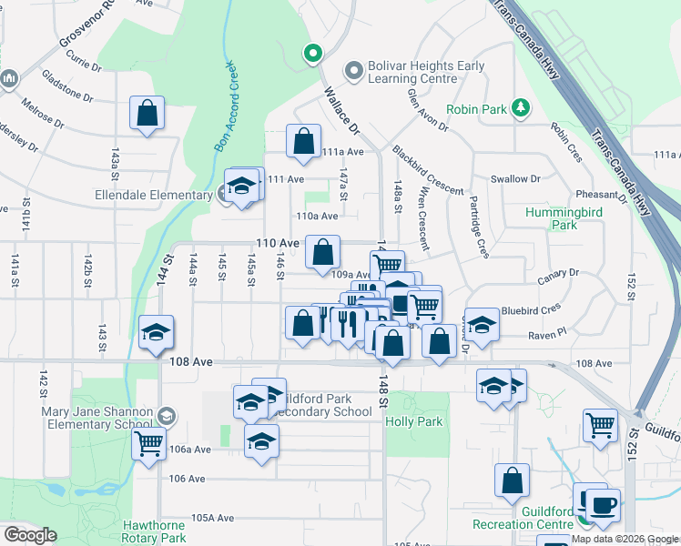map of restaurants, bars, coffee shops, grocery stores, and more near 10405 147 Street in Surrey