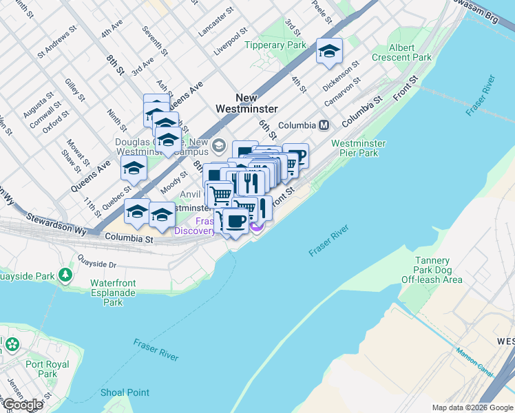 map of restaurants, bars, coffee shops, grocery stores, and more near 14 Begbie Street in New Westminster