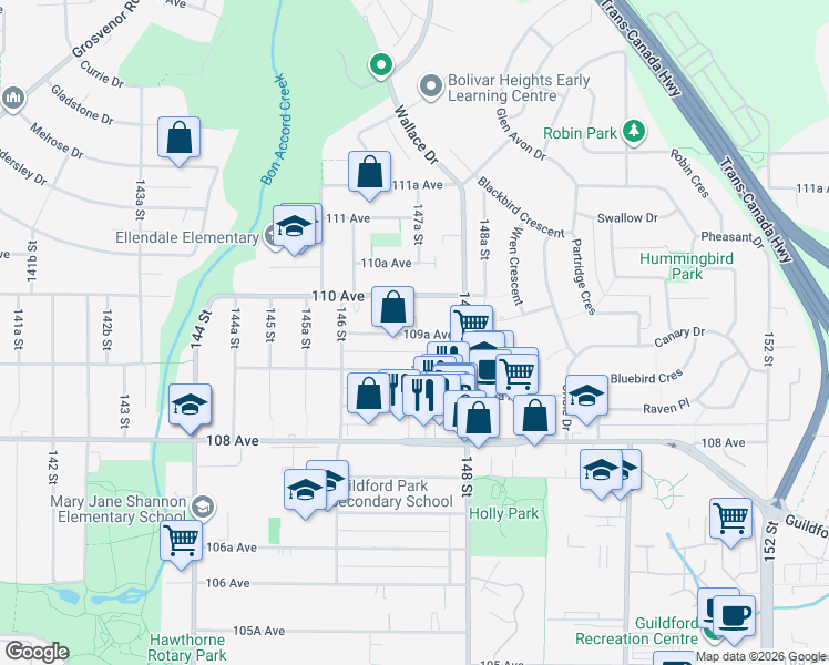 map of restaurants, bars, coffee shops, grocery stores, and more near 10405 147 Street in Surrey