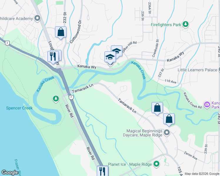 map of restaurants, bars, coffee shops, grocery stores, and more near 23406 Tamarack Lane in Maple Ridge